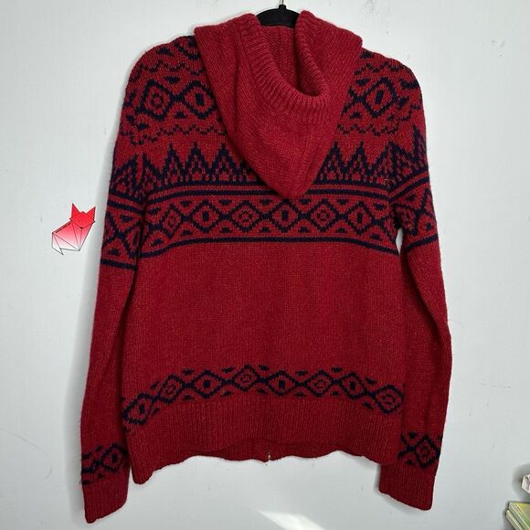 Vintage Y2K LL Bean Red & Navy Blue Wool Hooded Zip Up Sweater Size Medium - Picture 2 of 7